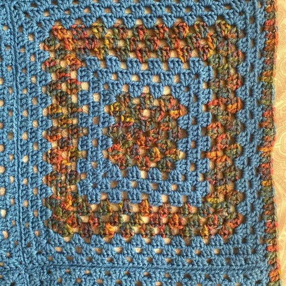 Handmade Blue and multicolor knit afghan throw blanket 39” x 52” - Picture 3 of 4